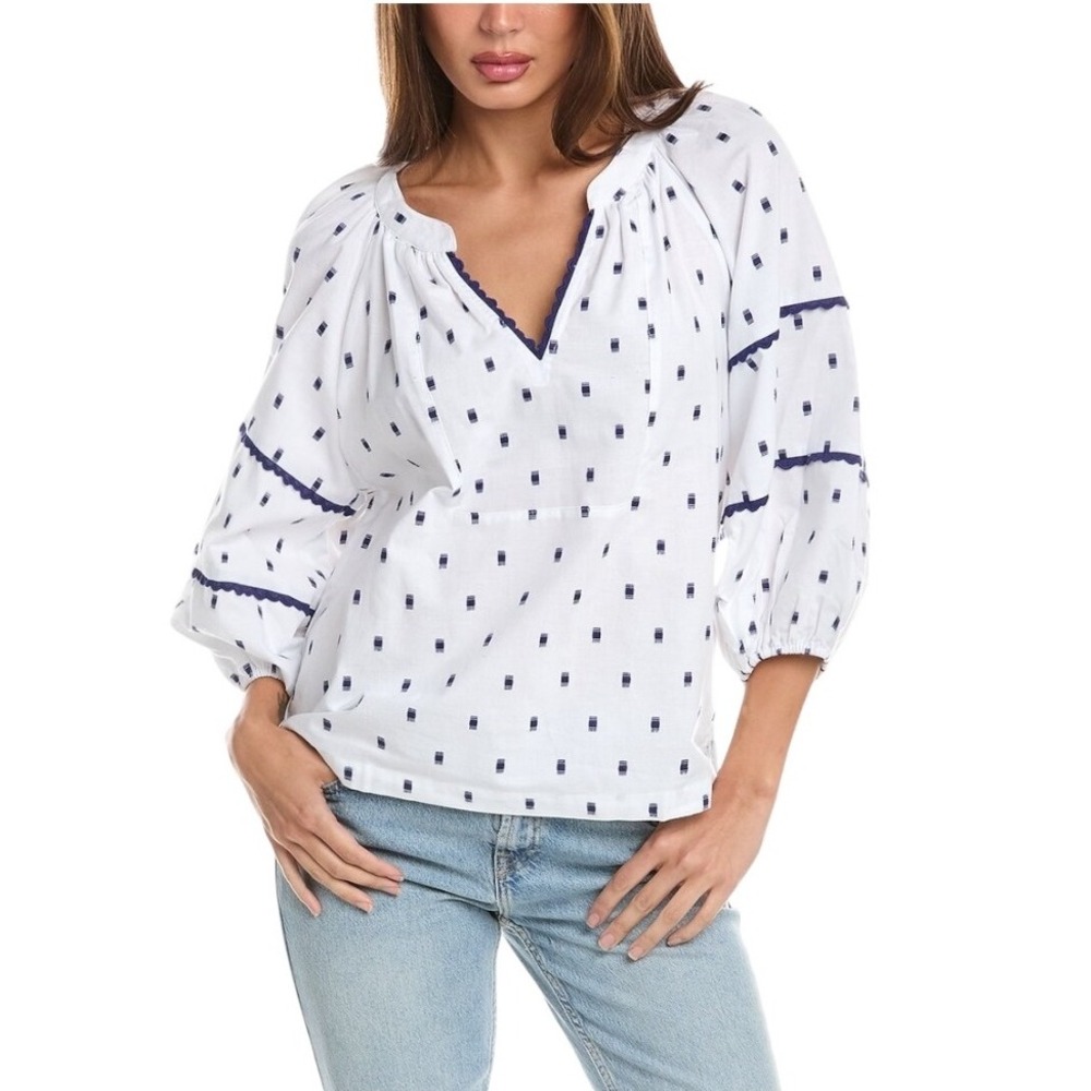Tyler‎ Boe Shirt Women Large White Blue Cotton Geo Molly Blouse Peasant Preppy